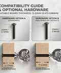 Compatibility guide for Sick Badass Crystal Skull Drawer Knobs showing hardware options for board thickness adjustment.