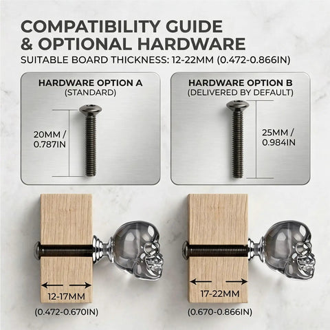 Compatibility guide for Sick Badass Crystal Skull Drawer Knobs showing hardware options for board thickness adjustment.