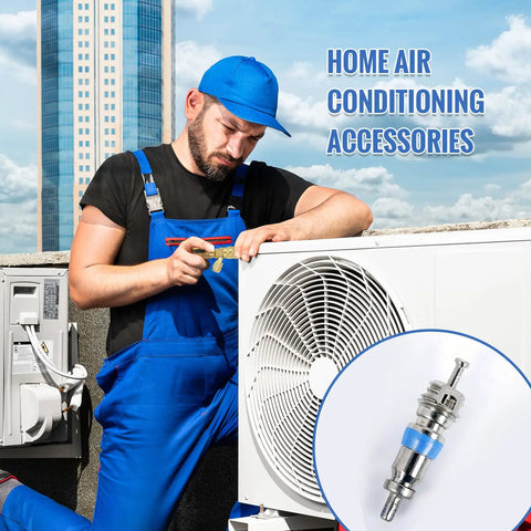 Technician installing high pressure valve core for R410 R32 R22 with Teflon seal HVAC replacement part for refrigeration and air conditioning.