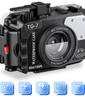 Image of Underwater Camera Housing for Olympus TG-7 with Red Filter, IPX8 waterproof to sixty meters depth, snug fit protective case in black.
