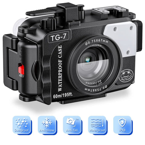Image of Underwater Camera Housing for Olympus TG-7 with Red Filter, IPX8 waterproof to sixty meters depth, snug fit protective case in black.