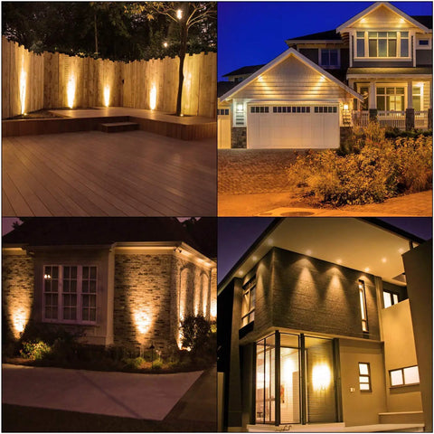 12 Pack MR16 LED Spotlight Bulbs Featuring GU5.3 Bi Pin Base 5 Watt 12 Volt Low Voltage Output 2700K cozy warm white light illuminating outdoor scenes