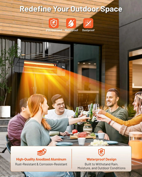 People sitting under a Carbon Infrared Patio Heater With Tripod, Remote Control, Tip Over Protection, IP55 Indoor Outdoor Use, Black.