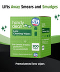 HandyClean lens cleaning wipes box, pre-moistened for lenses and optics, 200 wipes, 6 x 5 inches