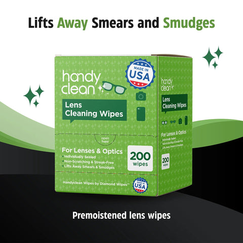 HandyClean lens cleaning wipes box, pre-moistened for lenses and optics, 200 wipes, 6 x 5 inches
