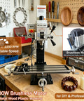 Benchtop Drilling Milling Machine With 1300W Brushless Motor Variable Speed 20 To 2250 RPM displayed on workbench with tools.