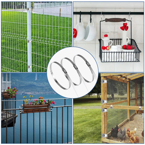 Collage showcasing 300 Pack 304 Stainless Steel Self Locking Cable Ties With 300 Lb Tensile Strength in outdoor and home use