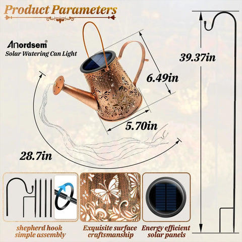 Solar Watering Can Butterfly Lantern With Hook Metal Outdoor Garden Light Waterproof IP65 Hanging Decor For Yard Patio Lawn Totally Perfect Gift For Women Moms Grandmas Christmas Birthdays with dimensions and features.