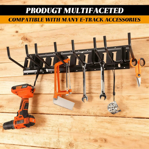 4 Pack E Track Double J Hooks Heavy Duty Steel Tool Hangers For Trailers Trucks And Garages Keep Shovels Cables Bags And Gear Off The Floor Easy Access Storage And Organization, 8.5 in steel wall rack with tools hanging