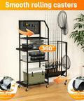 3 Tier Fishing Pole Rack With Lockable Wheels Holds Up To 18 Rods And Keeps Gear Handy With Pegboard Hooks For Lures Pliers And Tackle