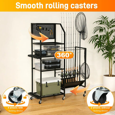 3 Tier Fishing Pole Rack With Lockable Wheels Holds Up To 18 Rods And Keeps Gear Handy With Pegboard Hooks For Lures Pliers And Tackle