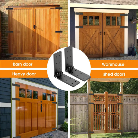 Heavy Duty Gate Hinges 270 Degrees Fully Adjustable Six Pack Black Steel Runs Smooth As Silk For Bifold Barn Doors With Gas Drop Down Support Struts Built Tough For The Long Haul displayed with various heavy barn and shed doors.