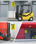 Two Pack Forklift Traffic Safety Signs 10 x 14 Inches Reflective Aluminum Rust Free Waterproof Easy To Install Watch For Forklift Signage for Workplace Safety in use with forklifts in different settings.