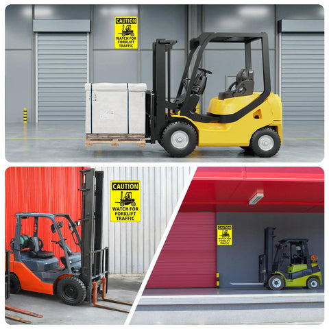 Two Pack Forklift Traffic Safety Signs 10 x 14 Inches Reflective Aluminum Rust Free Waterproof Easy To Install Watch For Forklift Signage for Workplace Safety in use with forklifts in different settings.