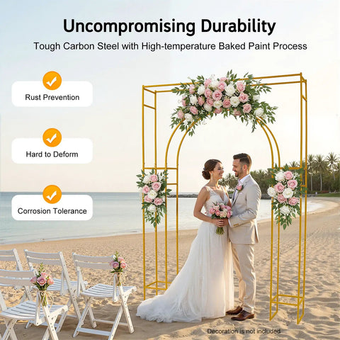Showstopping Square Metal Balloon Arch Frame For Dreamy Gold Wedding Ceremony Backdrop with flowers and couple on beach