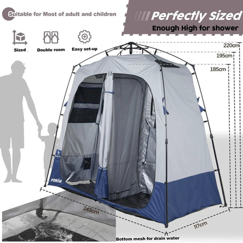 Pop Up Portable Camping Shower Tent Deluxe Changing Room Privacy Shelter Two Rooms With Floor Drain for Beach Camp and Hiking
