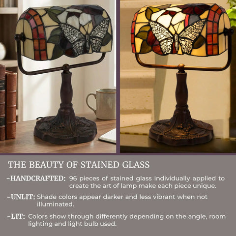 Stained Glass Butterfly Style Bankers Lamp With Handcrafted Design on wooden table and lit with LED bulb
