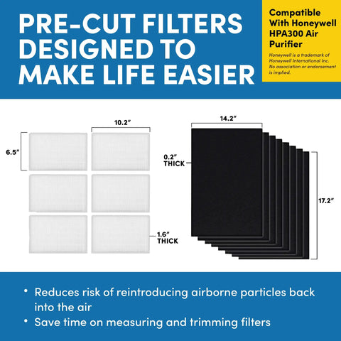 Six Pack Pro Grade True HEPA Filter Replacement For Honeywell HPA300 Air Purifier With Eight Pre Cut Activated Carbon Pre Filters Odor Busting Control And Cleaner Indoor Air Easy Snap In Replacement Pack