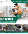 Technician installing Dryer Heating Element Replacement Compatible With Samsung DV337AEL DV338AEB DV350AEP. Instructions shown.