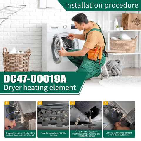 Technician installing Dryer Heating Element Replacement Compatible With Samsung DV337AEL DV338AEB DV350AEP. Instructions shown.