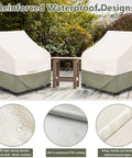 Waterproof 2 Pack Adirondack Chair Covers Fit Up To 32 Inches Wide By 35 Inches Deep By 36 Inches High Beige Outdoor Patio Furniture Covers For Lawn Deck Backyard Rainproof All Weather Durability Built To Last showcasing reinforced waterproof designs on two covered chairs on patio.