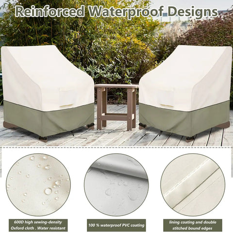 Waterproof 2 Pack Adirondack Chair Covers Fit Up To 32 Inches Wide By 35 Inches Deep By 36 Inches High Beige Outdoor Patio Furniture Covers For Lawn Deck Backyard Rainproof All Weather Durability Built To Last showcasing reinforced waterproof designs on two covered chairs on patio.