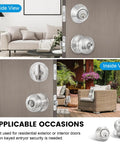 4 Pack Exterior Door Lock Set With Satin Nickel Knobs And Deadbolts installed on front and back doors, interior and exterior view