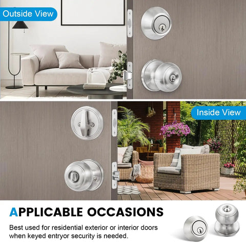 4 Pack Exterior Door Lock Set With Satin Nickel Knobs And Deadbolts installed on front and back doors, interior and exterior view