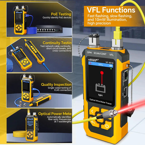 All In One Network Cable Tester With Optical Power Meter And VFL For Tech Pros, Nine Core Functions Like Cable Continuity, Length Measurement, POE Power Testing, Cable Scanning, Port Flashing, NVC Functionality And More. handheld tester with fiber and RJ45 ports