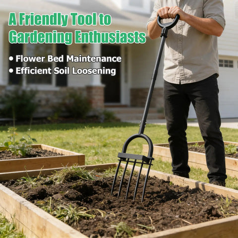 Person using Heavy Duty 5 Tine Garden Fork With D Grip Handle 69 Inch Spading Fork For Loosening Soil Composting Harvesting And Farm Work