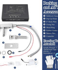 Brushed Nickel Waterfall Stainless Steel Bathroom Faucet package, includes pop up drain, two hoses, and mounting tools