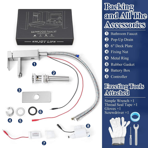 Brushed Nickel Waterfall Stainless Steel Bathroom Faucet package, includes pop up drain, two hoses, and mounting tools