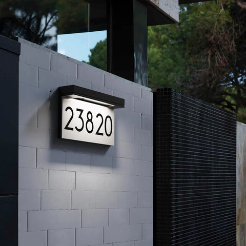 LED Illuminated Address Plaque With Solar Power For Home Exterior, 3000K warm white light, wall-mounted, displaying numbers 23820