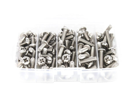 Top Shelf 100 Pcs 1/4-20 Unc Cross Recess Pan Head Machine Screw Bulk Kit In Durable 304 Stainless Steel Assorted Lengths 1/2 To 1 Inch Garage Essentials in clear organizer.