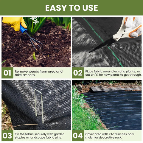Steps to use 2 Pack 3x50 Ft Weed Barrier Landscape Fabric With 3 Oz Woven Geotextile And 30 U Shaped Pegs for garden setup.