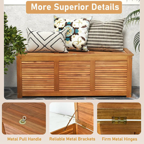 Acacia Wood Deck Box 46 Gallon Outdoor Storage Bin For Patio Cushions Pillows Garden Tools and Wooden Porch Bench