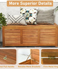 Acacia Wood Deck Box Bench 47 Gallon Outdoor Storage Chest With Seating, showing natural finish and detailed metal parts.