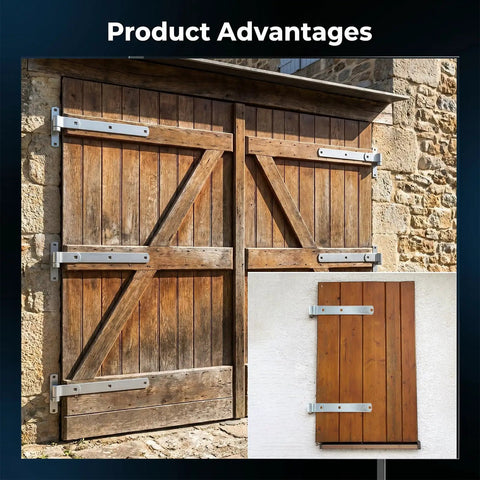 Four Pack 12 Inch Stainless Steel Strap Hinges Heavy Duty Gate Hardware For Sheds Barns And Swing Doors Silver Finish on wooden doors.