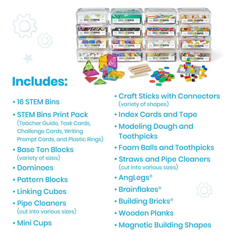 STEM Bins Comprehensive Classroom Set By Brooke Brown with 16 bins, manipulatives, and cards for elementary STEM activities.