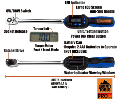 Half Inch Drive Digital Torque Wrench With Five To Ninety Nine Point Five Foot Pounds Range And Six Point Eight To One Hundred Thirty Five Newton Meters Led Indicator And Buzzer For Target Torque Calibrated For Precise Readouts