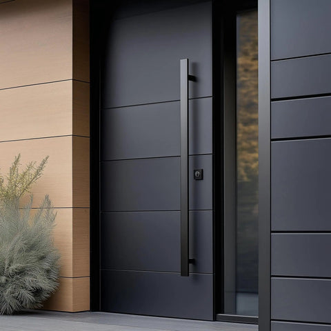 71 Inch Stainless Steel Push Pull Door Handle Set With Solid 304 Standoffs, Heavy Duty Commercial Grade, Matte Black Finish For Barn Glass And Interior Doors, Long Reach Pull Handles, Durable Easy Install Hardware on modern black door