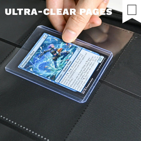 Inserting card into 9 Pocket Top Loader Card Binder for Trading Cards with double-sided pages and side-loading pockets