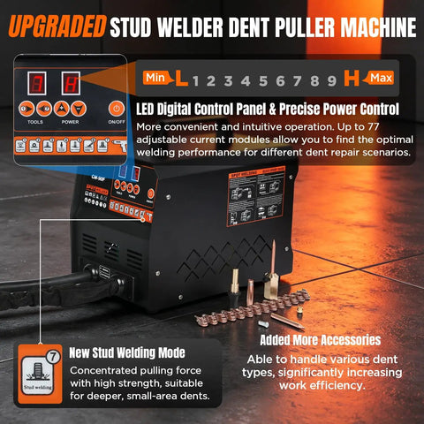 Beefed Up Three Point Five KW Stud Welder Dent Puller With LED Digital Control Panel 110V 4200A, shown with accessories.