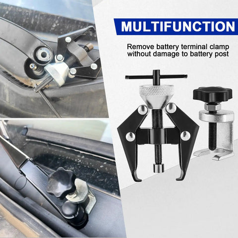 Beefy Heavy Duty Battery Terminal And Windshield Wiper Arm Puller Kit with 45 Steel Jaws for car maintenance, shown in use.