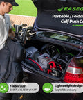 Man placing golf bag next to folded All Terrain 3 Wheel Golf Push Cart With Foldable Design in car trunk, showcasing portability.