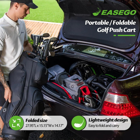 Man placing golf bag next to folded All Terrain 3 Wheel Golf Push Cart With Foldable Design in car trunk, showcasing portability.