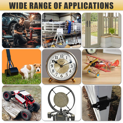 Extension springs with hook ends, stainless steel; collage of auto repair, workshop, home hardware, and hobby scenes.