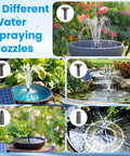 5 nozzles and 4W Solar Fountain Pump With Pond Filter Kit, PVC tubing shown in various outdoor water features