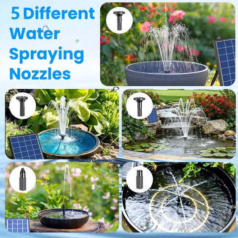 5 nozzles and 4W Solar Fountain Pump With Pond Filter Kit, PVC tubing shown in various outdoor water features