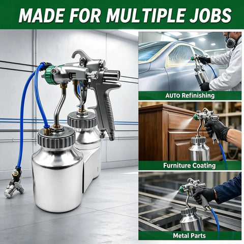 Heavy Duty Dual Head Paint Spray Gun With Knockout Twin Aluminum Cups, ideal for auto refinishing and furniture coating.